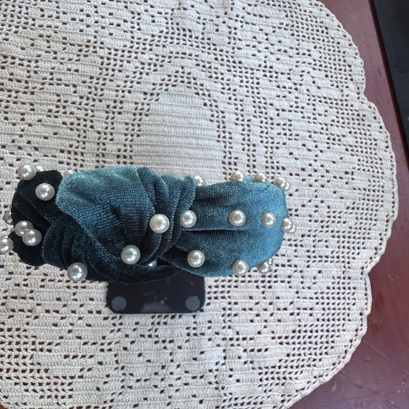 New Headband, Green Velvet with Pearls, Handmade main image 5